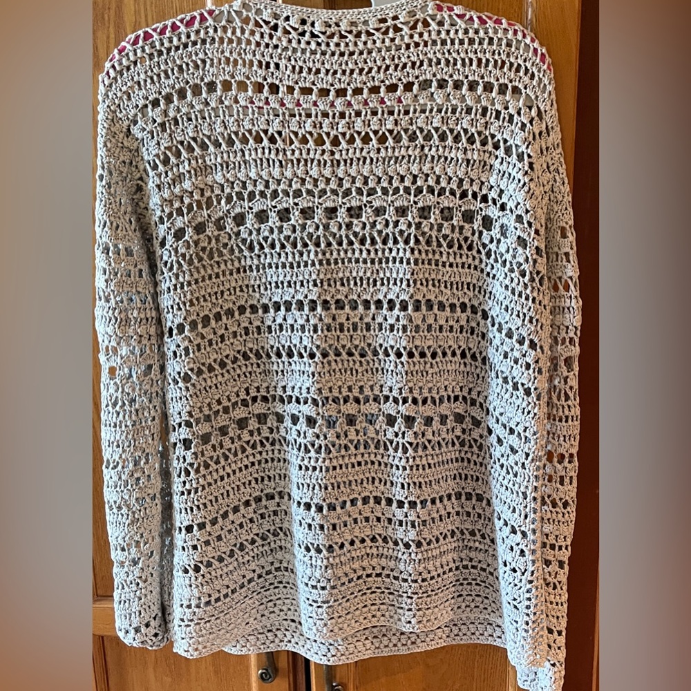 Theory Women's Cotton Open Crochet Pullover Sweater—pearl grey/opal blue - Picture 4 of 7